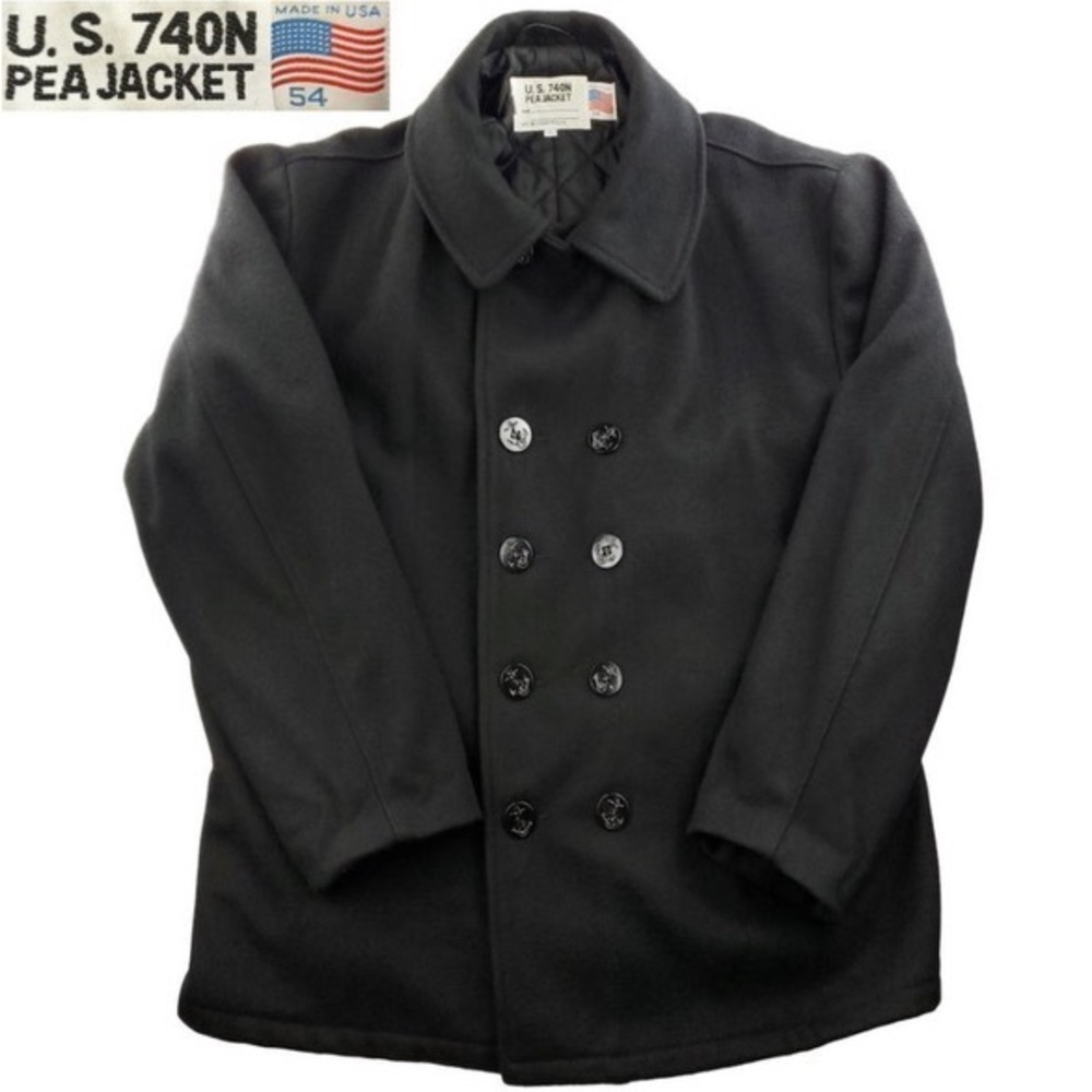 US 740N Pea coat  Vintage Schott NYC Navy USA, Black wool quilted. Large 54
